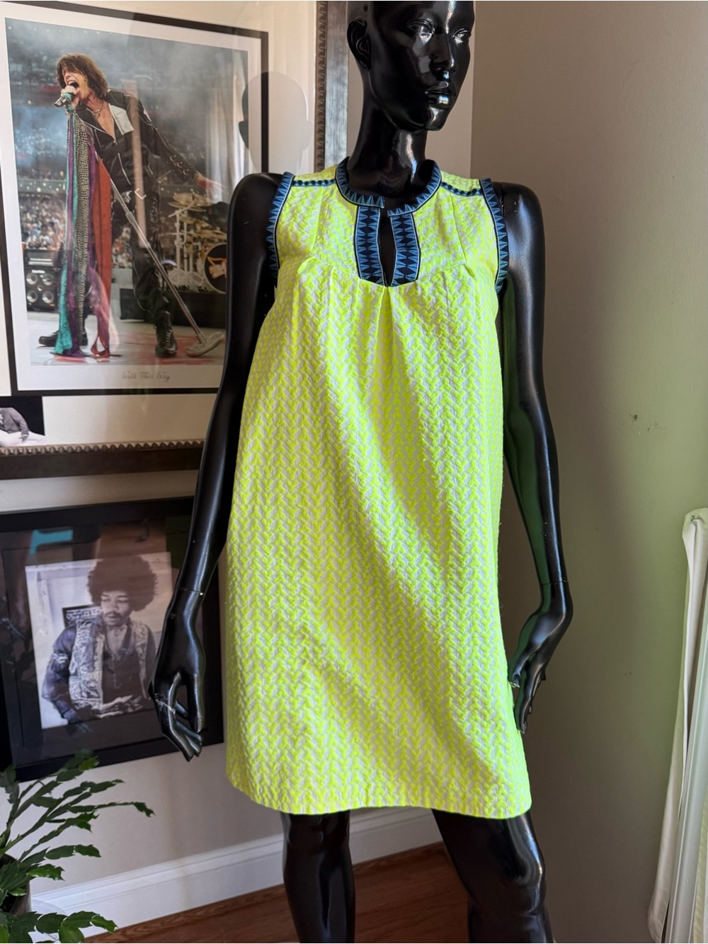 J.Crew Neon Jacquard Shift Dress Blue Geometric Trim Size 0 Runs Big